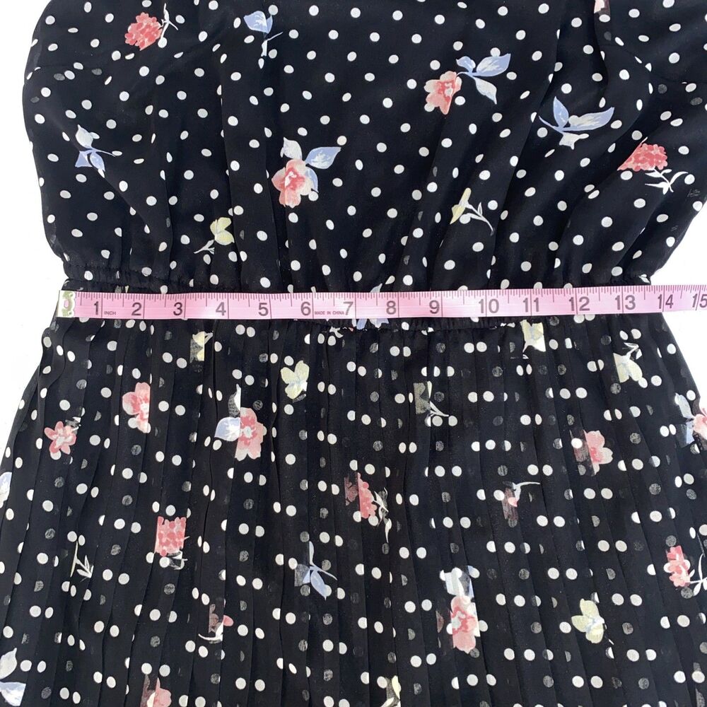Whimsigoth Floral Pleated Dress Black Polka Dot Midi Romantic Adjustable Straps - Picture 5 of 8
